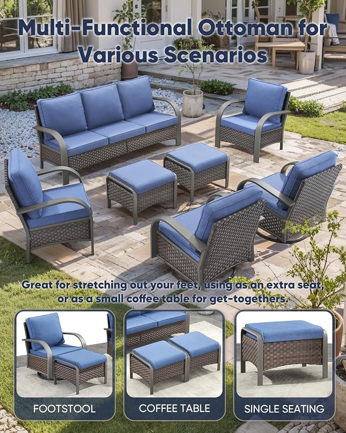 HUMMUH Outdoor Patio Conversation Furniture Sets-Deep Seating Wicker Patio Chairs with Patio Sofa Set Outdoor Patio Furniture for Deck Porch Garden Poolside Backyard-Brown/Blue