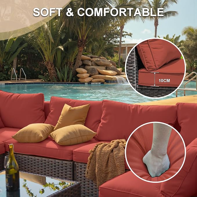 Patio Furniture Set, 15 Pieces Outdoor Sectional Patio Furniture Set with 42" Fire Pit Table, Rattan Wicker Sofa Set for Garden Backyard Deck Poolside, Red