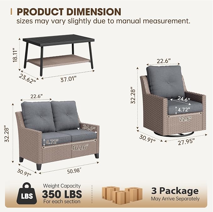 NestNook 4 Piece Patio Furniture Set, Outdoor Swivel Glider Chairs Set of 2 with Loveseat and Coffee Table Wicker Patio Conversation Set for Backyard Balcony & Poolside（Dark Grey）