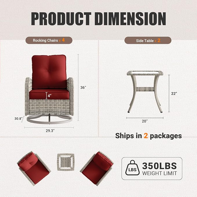 6-Piece Patio Rocking Swivel Chair Outdoor Gliders Wicker Rattan Bistro Set with Tempered Glass Side Table, Outdoor Patio Furniture Set for Garden, Deck, and Balcony, Red