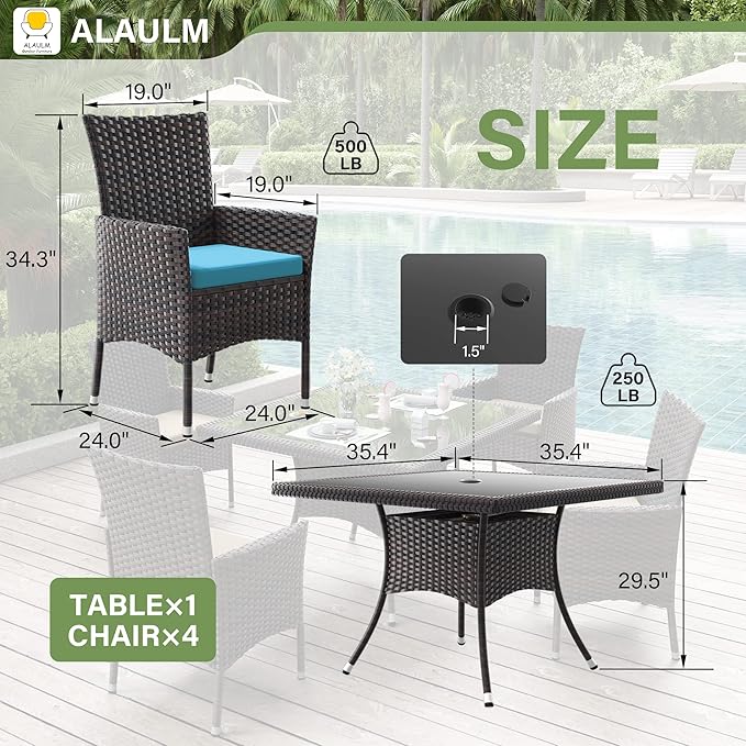 ALAULM 5 Piece Patio Dining Set All-Weather Wicker Outdoor Patio Furniture Set w/Tempered Glass Tabletop, Removable Cushions and Umbrella Hole for Patio, Backyard, Garden, Poolside（Blue）