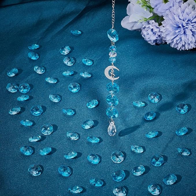 1 Box 120Pcs Light Blue 14mm Crystal Glass Octagon Beads Suncatcher Prism Beads Bulk 2 Hole Prism Chandelier Replacement Connector Faceted Spacers for DIY Lamp Hanging Pendant Jewelry Craft