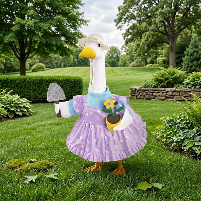 Erythem Gardener Porch Goose Outfits, Cute Spring Porch Goose Clothes with Straw Hat, Shovel & Flower Pot Fits 23" Cement Plastic Geese Statue for Outdoor Garden Yard Decor