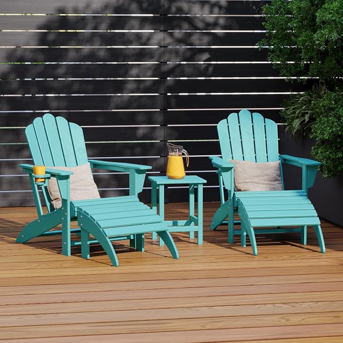 Costaelm Lakeview 5-Piece Adirondack Chair with Folding Ottoman and Table Set, Turquoise