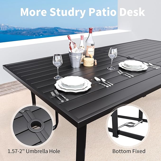 BUPPLEE 9-Piece Outdoor Patio Dining Set with 8 Stackable Dining Chairs, Metal Table with Umbrella Hole, 8-Person Patio Table and Chairs for Backyard, Poolside, Balcony and Garden Blue