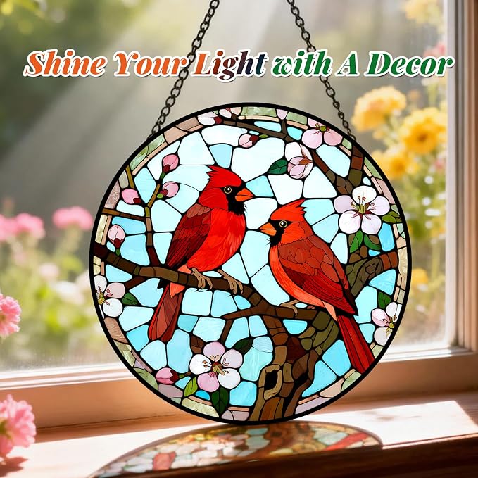 Cardinal Pair Stained Glass Suncatcher Window Hanging Bird Memorial Gift | 7.8in Garden Sun Catcher, Red Cardinals Patio Decor, Gifts for Mom Grandma Bird Lovers & Valentine Day, Christmas Ornaments