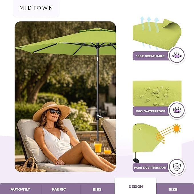 Midtown Umbrellas - The Lean 9 Ft Patio Umbrella with Fade-Resistant Sunbrella Fabric, Auto-Tilt Aluminum Frame and 8 Reinforced Ribs for Deck, Pool & Garden - Macaw Canopy, Black Pole
