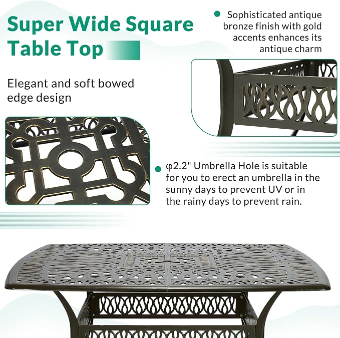 VIVIJASON 9-Piece Outdoor Dining Set, Cast Aluminum Retro Patio Furniture Table and Chairs Set for 8, Include Large 64" Square Dining Table and 8 Chairs with Umbrella Hole for Deck Porch