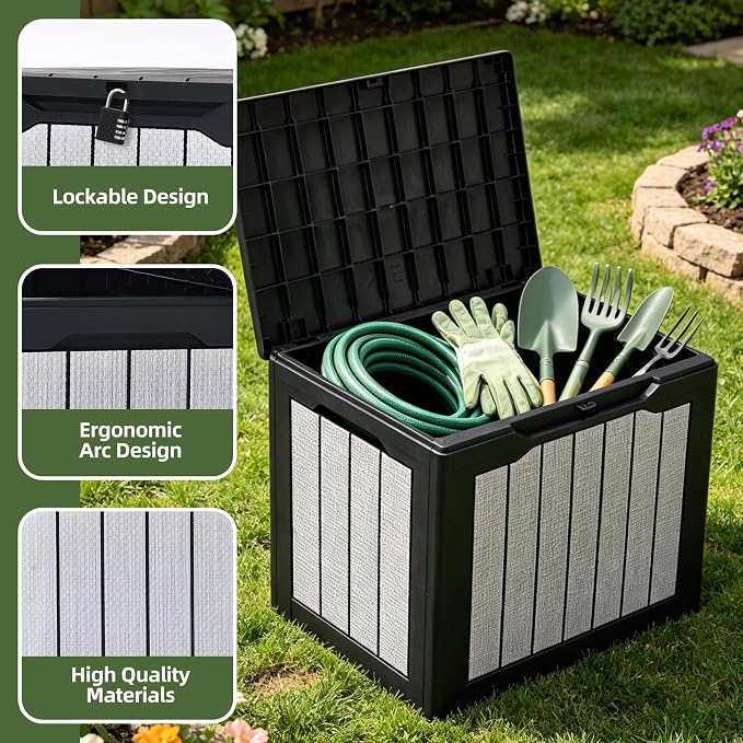 30 Gallon Resin Deck Box, Waterproof Outdoor Storage Box for Patio Furniture, Garden Tools & Pool Toys, Large Capacity -Wall Resin Construction, Dual Use as Patio Bench Seat, Black & Gray
