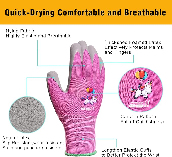 Kids Gardening Gloves, Latex Coated Toddler Yard Gloves, 1 Pairs (8-10 YRS) | Perfect fit for tiny hands, cute washable latex palm protects wrists from dirt, durable for garden play & outdoor tasks.