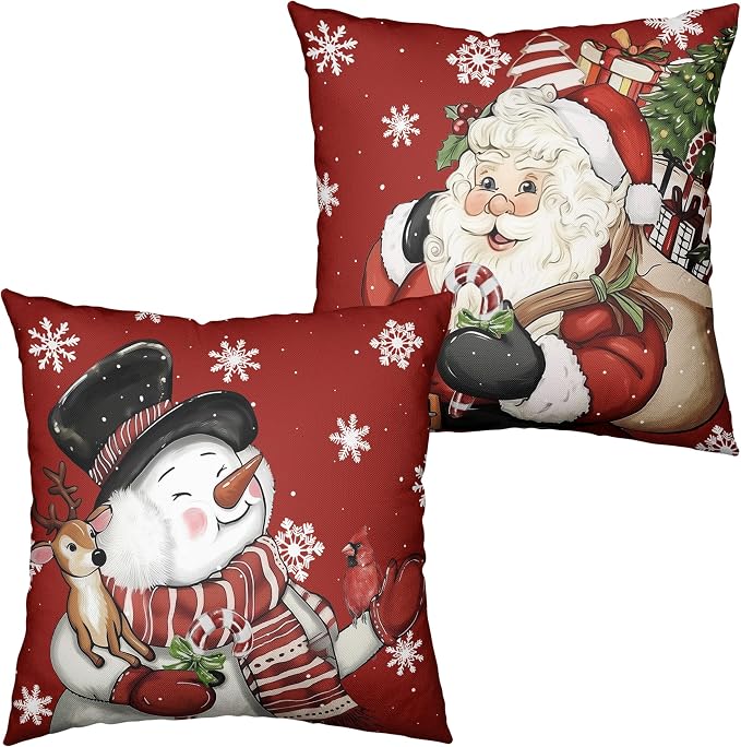 Lovely Christmas Snowman Pillow Covers Santa Throw Pillow Covers 16x16 Set of 2 Red Xmas Pillowcase Winter Snowflakes Cushion Case for Holiday Decorations Couch Sofa