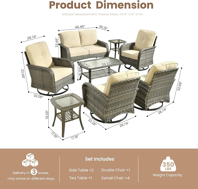 8 Piece Wicker Patio Furniture Set with Swivel Chairs,Beige | 4 Swivel Rocker Chairs, High Back Loveseat Sofa, Coffee Table, Rattan Outdoor Conversation Set, Porch Deck Backyard Poolside