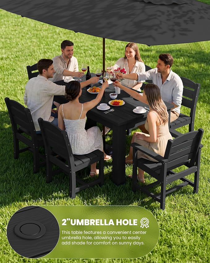 SERWALL 59" Outdoor Dining Set for 8, HDPE Dining Set, Black | Include 2 Rectangular Tables and 8 armless Chairs, All Weather Dining Sets for Garden, Backyard