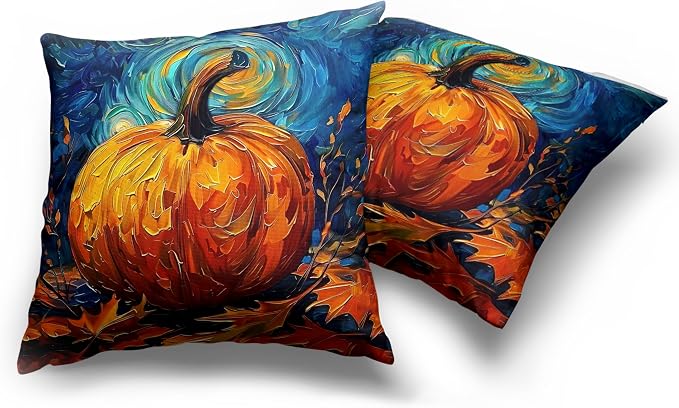 Fall Van Gogh Pillow Covers 20x20 Set of 2 Autumn Pumpkin Under Starry Night Throw Pillow Covers Oil Painting Pillowcase Cushion Case for Home Decor Patio Outdoor Sofa