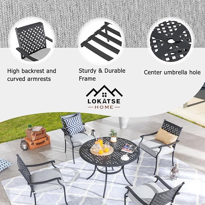LOKATSE Home 5 PCS Outdoor Patio Dining Set with 4 Armchair with Cushions and 1 Round Table with 2.04" Umbrella Hole for Garden Backyard Poolside