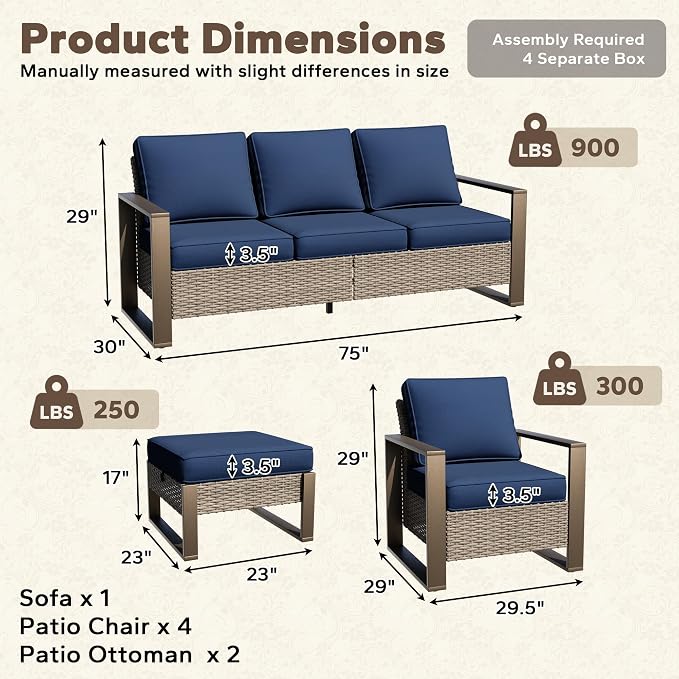 7 Pieces Metal Wicker Patio Furniture Set - 75" Sofa, Four Armchairs and Two Ottomans, All Weather Rattan Outdoor Conversation Furniture with Washable Cushion for Deck Porch, Dark Blue