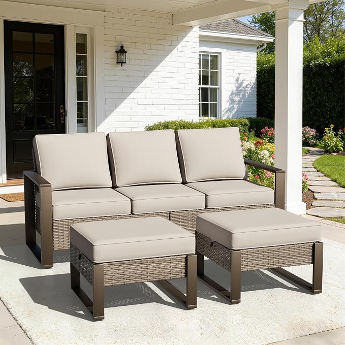 Joyside Outdoor Patio Sofa, 4 Pieces Wicker Rattan Furniture Set, 1 Patio Couch and 2 Ottoman, Metal Wide Armrest, Thick Cushions and Deep Seating for Garden, Backyard, Porch, Deck