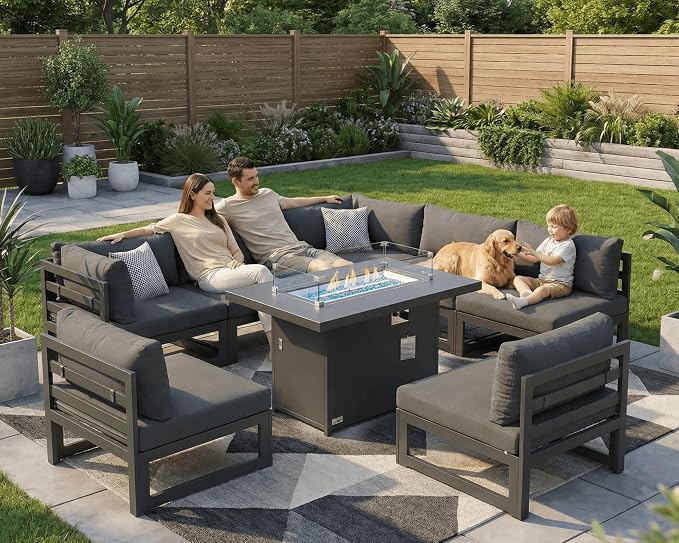 RADIATA 9 Piece Modern Aluminum Patio Furniture Set with Fire Pit Table, 500 lbs Heavy Duty Outdoor Sectional Sofa, 29" Deep Wide Oversize Seating Conversation Couch for Garden Exterior, Dark Gray