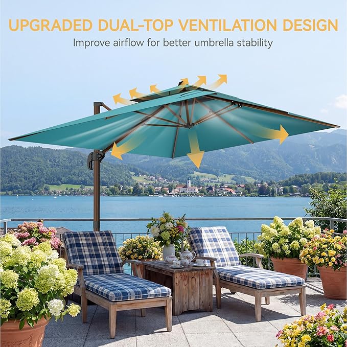 10x13 FT Wood Pattern Patio Umbrella with Base, Large Deluxe Cantilever Rectangular Double Top Heavy Duty Offset Umbrellas with 360° Rotation, Outdoor shade for Garden Pool Patio, Turquoise