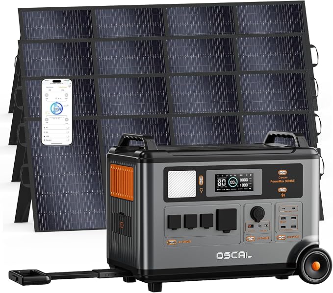 OSCAL 3600W Solar Generator with 3x400W Panels included, PowerMax 3600SE 3600Wh Portable Power Station, 1800W AC/ 1600W Solar Fase Charging, LiFePO4 Battery Power Station for Home, RV, Emergencies