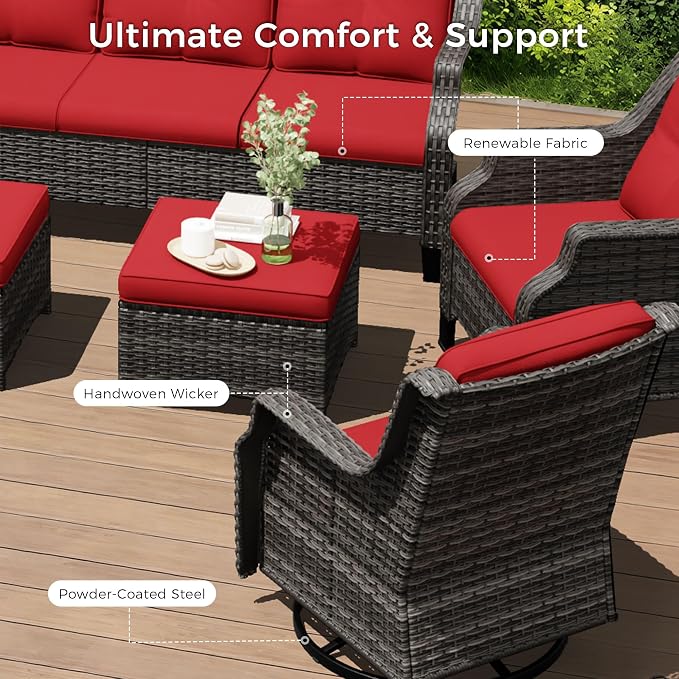 Outdoor Patio Furniture Set, 6 Piece Wicker Patio Furniture with Thick Cushions, Curved Armrest, Deep Seating, Outdoor Swivel Rocker Chairs for Porch, Deck, Balcony