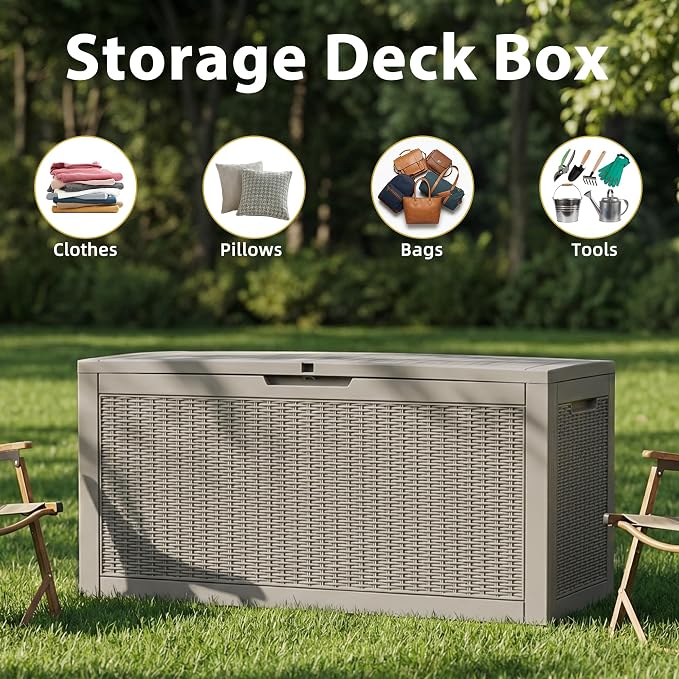 Waterproof Outdoor Storage Box, 125 Gallon Lockable Deck Box, UV-Resistant Outside Storage Bin With Hydraulic Lid For Patio Furniture, Cushion Organizer, Garden Tools, Pool Accessories,Grey