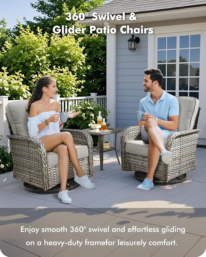 CAODOC 3-Piece Swivel Rocking Rattan Chair Outdoor, Patio Bistro Furniture Conversation Set, Wicker Chair with Coffee Table Dark Gray