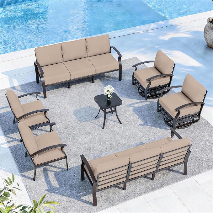 ALAULM Aluminum Patio Furniture Set with 2 Swivel Chairs 10-seat Metal Outdoor Furniture Patio Sectional Sofas Patio Conversation Set w/5.1" Cushions for Patio, Backyard, Poolside-Sand