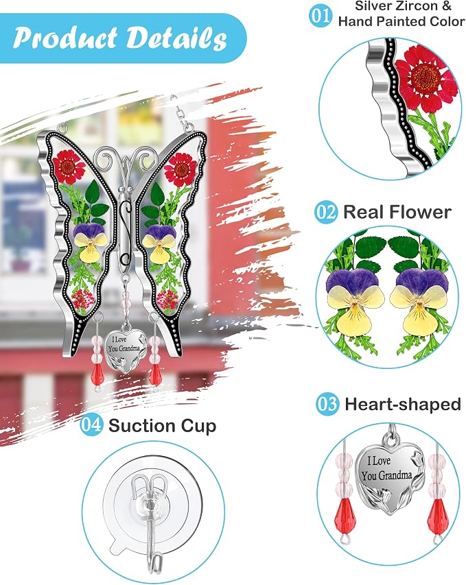 KY&BOSAM Gifts for Women I Love You Grandma Butterfly Suncatcher Stained Glass Suncatchers for Window Hanging Home Decor Garden Wind Chimes Birthday Gifts for Women Mothers Day Valentine's | I Love You Grandma Charm Sun Catchers Wind Chime Ornament,Met...