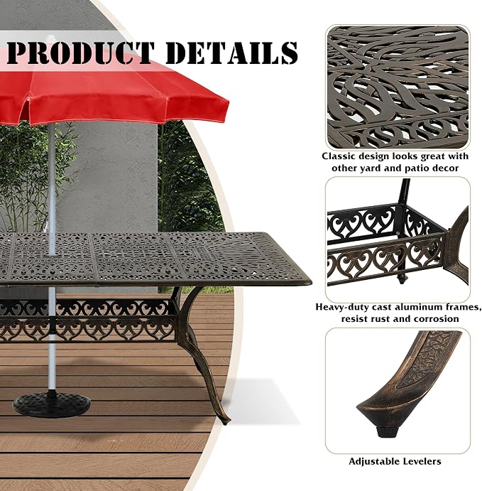 MAGIC UNION 9 Pieces Outdoor Dining Set, Cast Aluminum Retro Patio Dining Set Includes 87" Rectangular Dining Table with Umbrella Hole and 8 Stackable Dining Chairs with Cushions (Red)