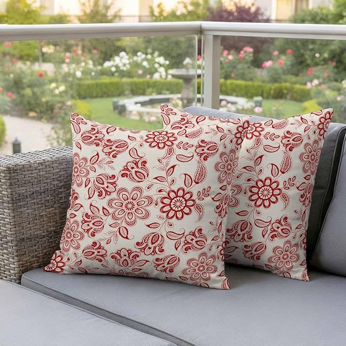 Abstract Paisley Pattern Outdoor Pillow Covers Set of 2 Retro Ethnic Red Flower Waterproof Throw Pillow Cover Decorative Cushion Cases for Patio Porch Garden 16X16 Inch