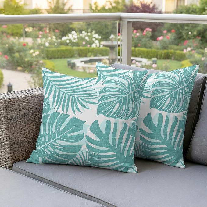 Aqua Teal Palm Leaves Outdoor Pillow Covers 16"x16" Set of 2, Tropical Botanical Minimalist Modern Waterproof Throw Pillow Covers for Patio Furniture, Decorative Cushion Covers for Porch
