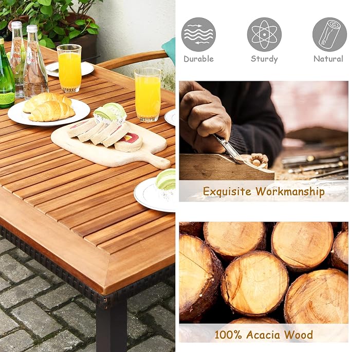 Tangkula 6 Piece Patio Dining Set, Outdoor Acacia Wood Dining Furniture w/Acacia Wood Table Top, Modern Conversation Set w/ 4 Rattan Chairs & 1 Rattan Bench for Backyard Garden Poolside Lawn