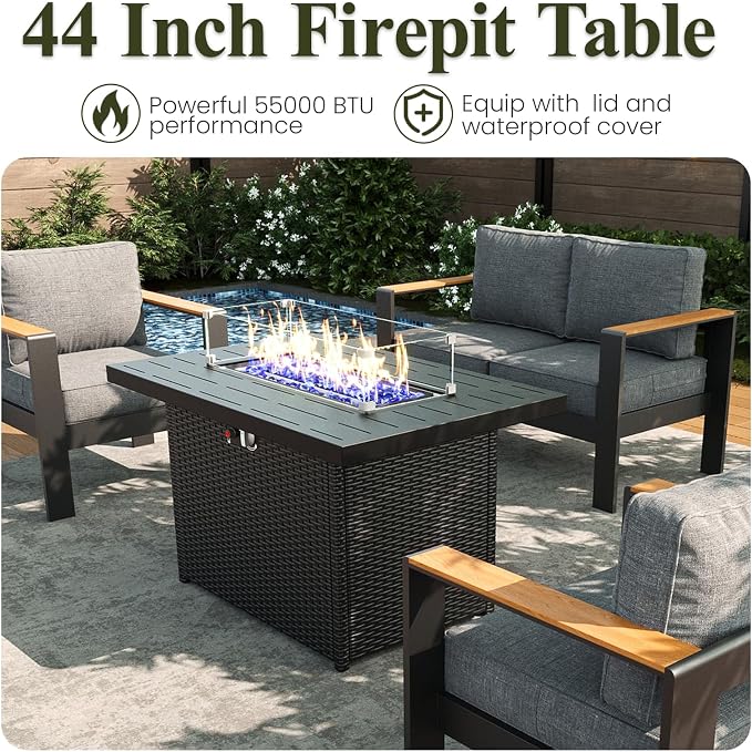 LayinSun 5 Piece Aluminum Outdoor Furniture Set with Fire Pit Table, Outside Patio Deep Seating Conversation Set with Upgraded Washable Thick Cushion