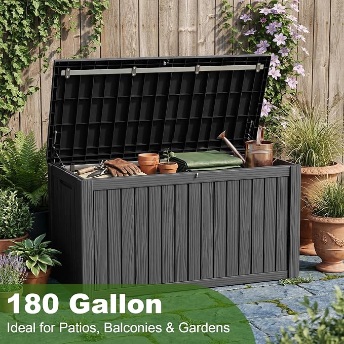 ROJIK 180 Gallon Waterproof Outdoor Deck Storage Box, Lockable Resin Patio Storage Bin with Lid for Garden Tools, Patio Cushions & Outdoor Accessories(Black)
