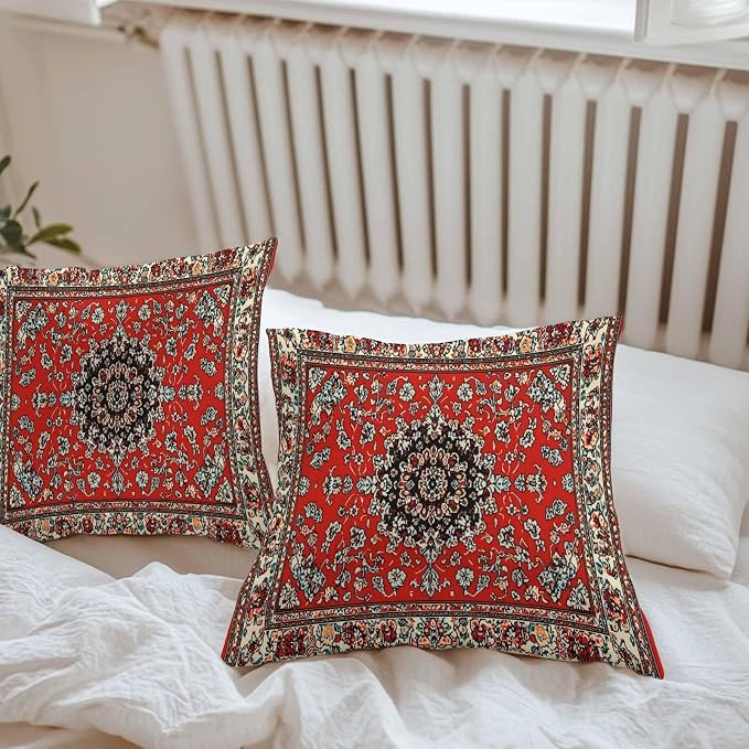 Vandarllin Outdoor Throw Pillows Covers 16x16 inch Set of 2 Waterproof Red Bohemian Decorative Zippered Cushion Covers for Patio Furniture, Boho Tribe Texture Lumbar Pillowcases