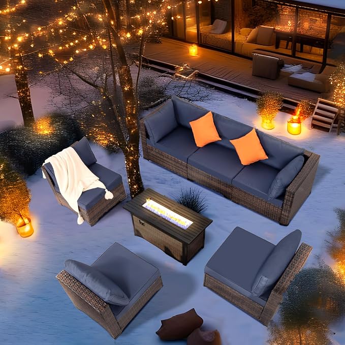 FHFO 7 Piece Outdoor Wicker Patio Furniture Set, Brown/Blue | Sectional Sofa | All-Weather Hand-Woven Rattan | Tempered Glass Coffee Table | Free Combination | Indoor & Outdoor Use
