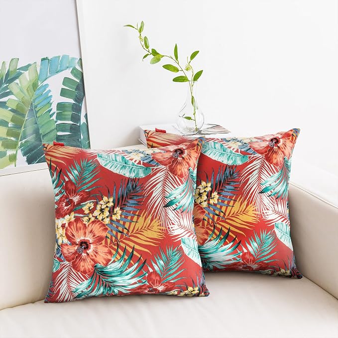 Throw Pillow with Insert, Set of 2, Outdoor Indoor Waterproof Decorative Patio Throw Pillow 18x18 Inch, Square Cushion for Couch Sofa Garden Farmhouse Decoration-Chili Red Floral