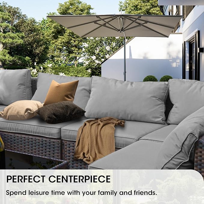 9 Piece Patio Furniture Set with 44" Fire Pit Table, Outdoor Sectional Couch, PE Rattan Patio Conversation Sets with 4inch Cushions for Backyard Grey