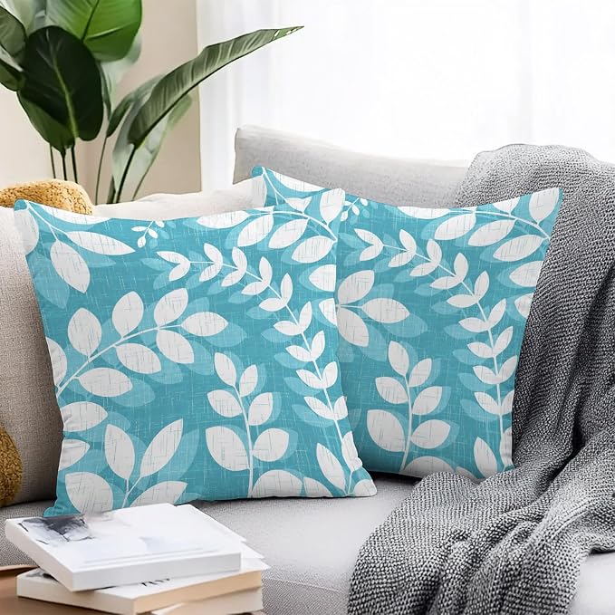 Teal Cyan Leaves Outdoor Waterproof Throw Pillow Covers 24x24 Set of 2, Farmhouse Botanical Branch Vintage Boho Leaf Decorative Pillowcases Cushion Pillowcase for Couch Sofa Patio Pillow Protector