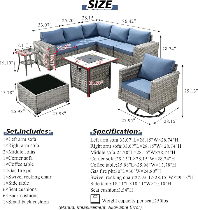 HOOOWOOO Outdoor Patio Sectional Furniture Sofa Set with Propane Gas Fire Pit Table,9 Piece Modern Wicker Couch with Swivel Chair,Modular L Shaped Conversation Seating Set with Wide Arm(Denim Blue)