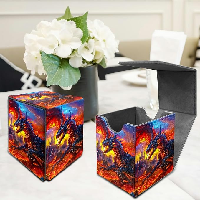 Deck Box for MTG, Cards Storage Box Fits 120+ Sleeved, Leather Medium Size Strong Magnetic Closing Card Case for Board Games Magic TCG CCG Baseball Collection, Castle Flaming Dragon