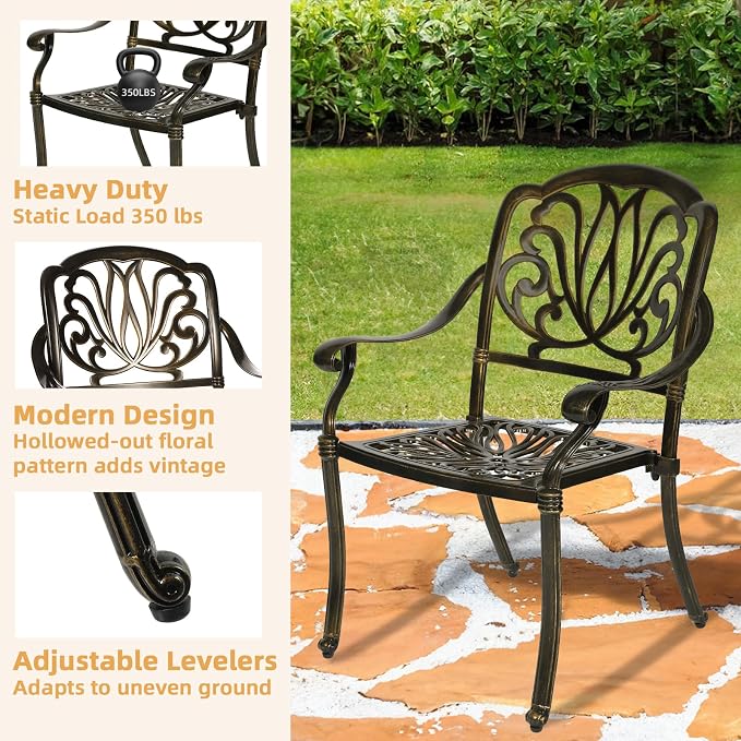 9-Piece Patio Furniture Dining Set, All Weather Cast Aluminum Outdoor Conversation Set- 61" Round Patio Dining Table with Detachable Lazy Susan & 8 Chairs, Umbrella Hole, Dark Bronze