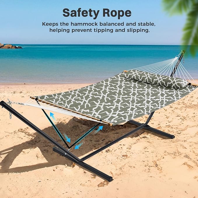 SUPERJARE Hammock with Stand, 2 Person Quilted Outdoor Hammock, Detachable Pillow & Bamboo Spreaders, Portable with Carrying Bag, Heavy Duty Stand, Perfect for Outside, Patio, Grey with White Flower