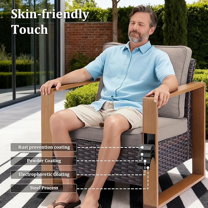 Outdoor Swivel Rocker Patio Chairs Set of 3, High Back Swivel Patio Chairs with Side Table & Metal Arm, Wicker Outdoor Bistro Set for Porch, Yard, Deck, Poolside, Grey