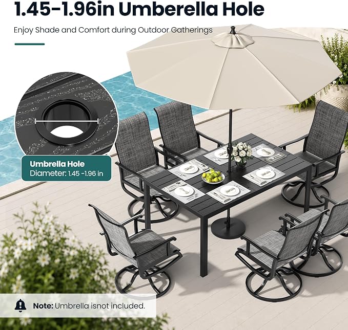 Pamapic 7-Piece Outdoor Dining Set, All Weather Patio Table and Chairs Set with Umbrella Hole, Wood-Like Table and 6 360° Swivel Textilene Chairs for Backyard, Poolside, Deck, Porch, Grey