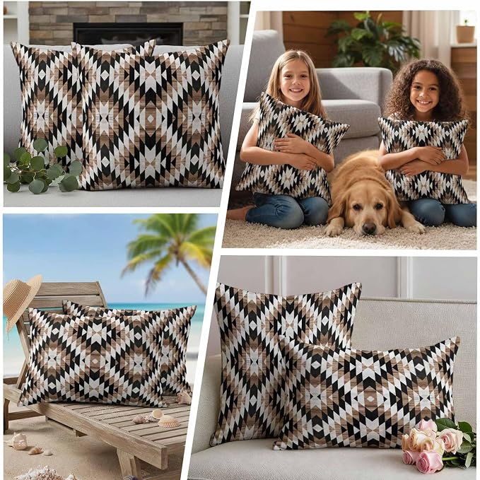 Brown Black Outdoor Pillow Cover 12x20 Inch Cushion Sham Case, Waterproof Decorative Lumbar Throw Pillowcase for Outside Garden Patio Porch Couch Chair Tent Moroccan Southwestern Aztec Abstract Boho