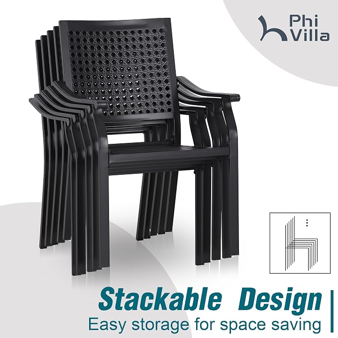 PHI VILLA Outdoor Round Table Set w/Umbrella, 5pc Patio Metal Furniture | 42" wrought iron table & stackable chairs for 4. 10ft red umbrella. Perfect for deck, porch, backyard.