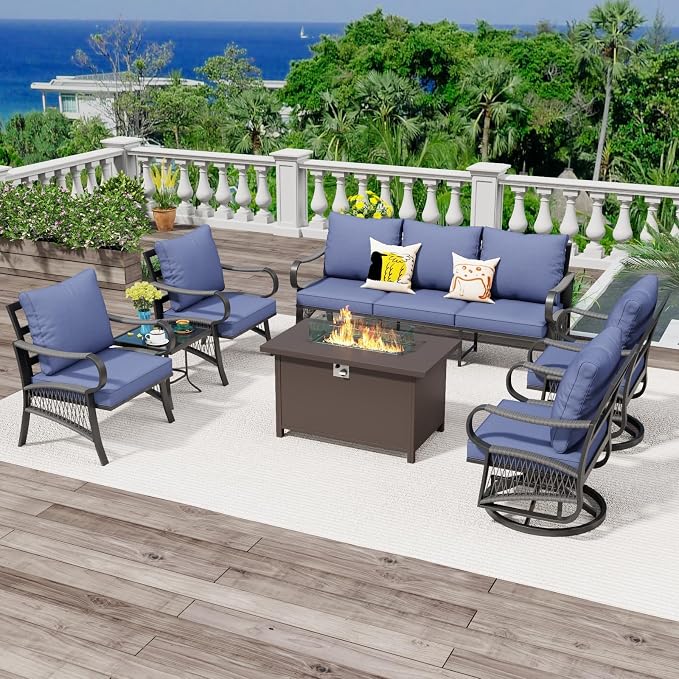 7 Piece Patio Furniture Set, All Weather Metal Outdoor Conversation Set with 50000 BTU Propane Fire Pit Table and 5" Thick Cushions, Sectional Sofa for Garden, Porch, Lawn, Blue