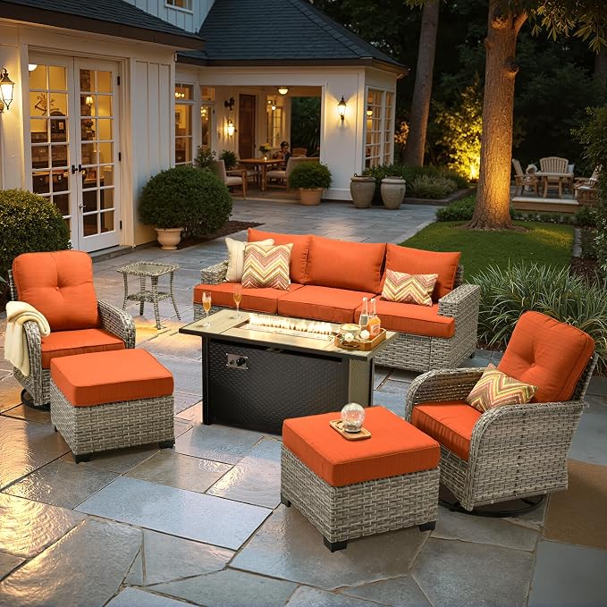 HOOOWOOO Sectional Patio Furniture Set with Fire Pit Table,9 Pieces Wicker Outdoor Furniture Couch,Outside Conversation Set Extra Deep Seat Sofa Wide Rocking Chairs Ottomans Arm Solar Table,Brick Red